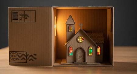 Cardboard box with christian church in the shape of a houseの素材