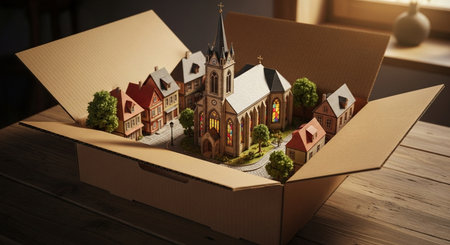 Conceptual image of a small town in a cardboard box.の素材