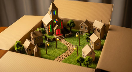 Miniature model of a house in a cardboard box. 3d renderingの素材