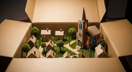 Miniature model of a house in the box, real estate conceptの素材
