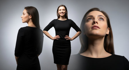 Young woman in black dress standing with hands on hips and looking awayの素材