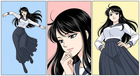 Beautiful girl with long hair. Vector illustration in retro style.の素材