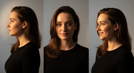 Portrait of a beautiful young woman with different facial expressions on gray backgroundの素材