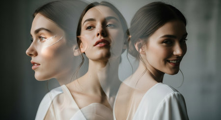 selective focus of beautiful young women in white clothes looking at cameraの素材