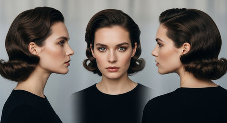 beautiful young women in black clothes looking at each other in studioの素材