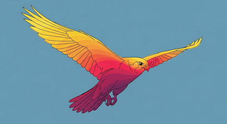 Illustration of a parrot in flight with wings spread isolated on blue backgroundの素材