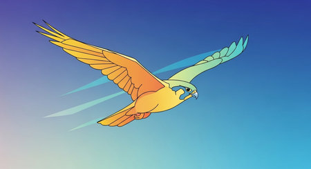 Illustration of a parrot flying in the blue sky with wings spreadの素材