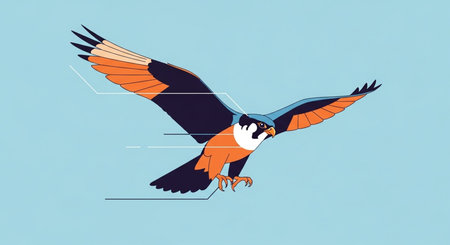 Illustration of a falcon flying in the blue sky, vector illustrationの素材