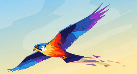 Illustration of a flying falcon with a blue sky in the backgroundの素材