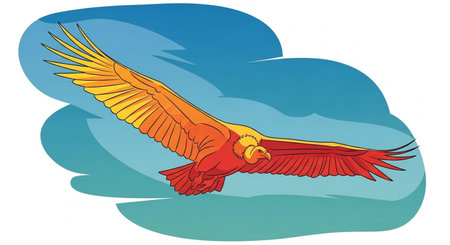 Illustration of a red parrot flying in the blue sky.の素材