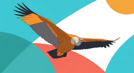 Griffon vulture in flight on colorful background. Vector illustration.の素材