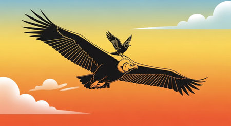Eagle flying on the background of the sunset. Vector illustration.の素材