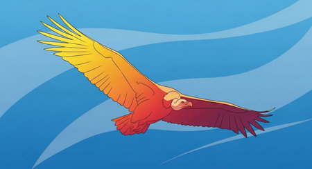 Illustration of a vulture flying on a blue background with wavesの素材