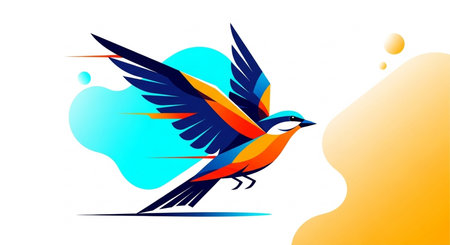 vector illustration of a flying bird with orange and blue wings on a white backgroundの素材