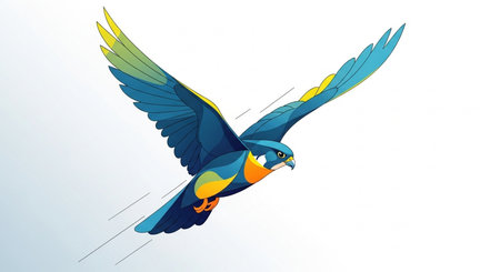 Blue and yellow parrot flying in the sky. Vector illustration.の素材