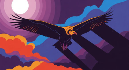 Vultures in the sky at sunset. Vector illustration of a vulture in the sky.の素材