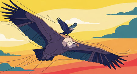 Griffon vultures flying in the sunset, vector illustrationの素材