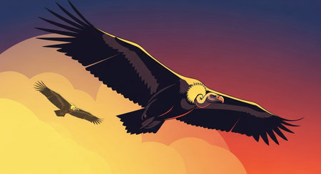 Illustration of a vulture flying over the sunset. Vector illustration.の素材