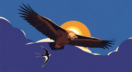 vector illustration of a vulture flying in the sky over the mountainsの素材