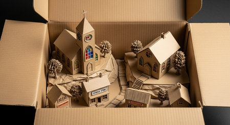Wooden houses in cardboard box with pine cones and snowflakesの素材