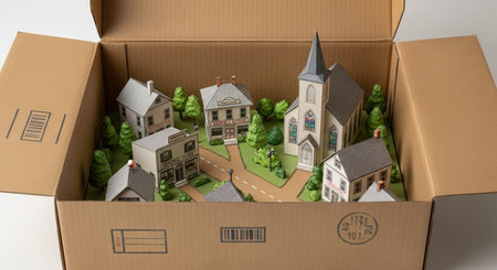 Open cardboard box with houses and trees inside. 3D rendering.の素材
