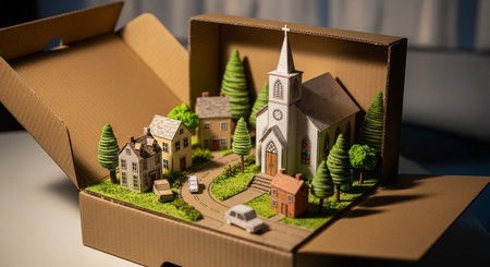 Miniature model of church and small houses in a cardboard box.の素材