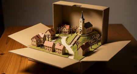 Model of a small town in a cardboard box on a wooden tableの素材