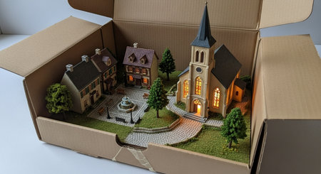 Model of a church in a cardboard box. 3D rendering.の素材