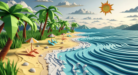3D illustration of a tropical beach with palm trees and umbrellasの素材