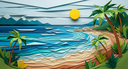 3d illustration of a seascape with palm trees and mountainsの素材