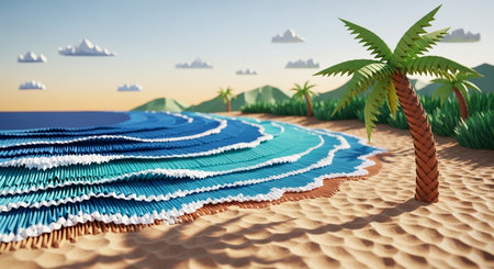 3D render of a beach with palm trees and sand dunesの素材