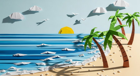 3d illustration of paper plane and palm trees on the beach.の素材