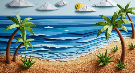 Tropical beach with palm trees and paper boats on sand. 3d illustrationの素材
