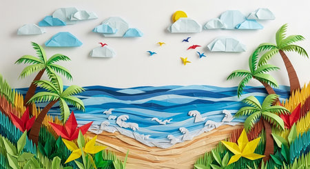 Paper boats floating on the sea. Paper art and craft style.の素材