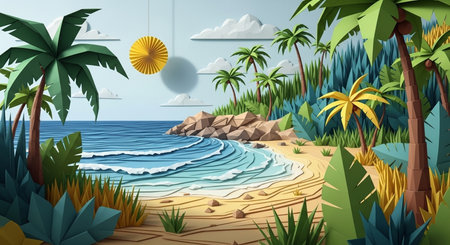 Tropical beach with palm trees and sand. Cartoon illustration.の素材