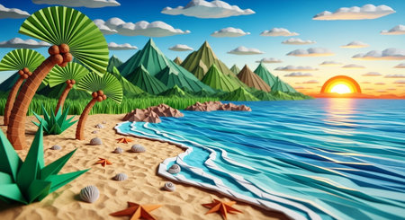 Beautiful summer landscape with beach and sea. 3d render illustrationの素材