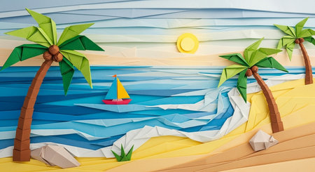 Paper art of origami sea with palm trees and sailboat. 3d renderingの素材