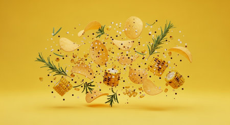 Potato chips with rosemary on yellow background. 3d renderingの素材