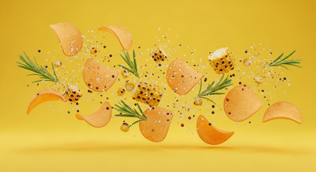 Falling potato chips with rosemary and spices on yellow background.の素材