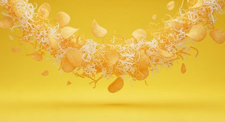 Potato chips flying in the air on a yellow background. 3d renderingの素材