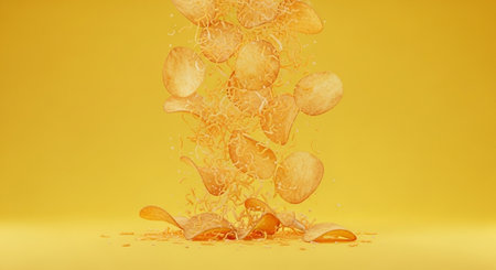 Potato chips falling into the air on a yellow background. 3d renderingの素材