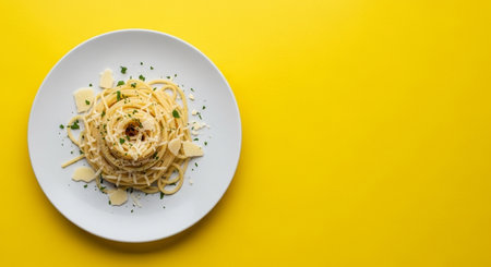 Spaghetti carbonara with parmesan cheese and herbs on yellow backgroundの素材