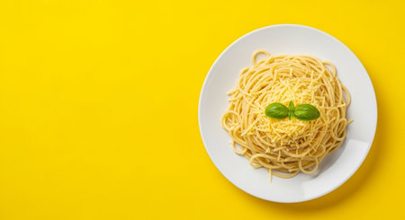 Spaghetti pasta with basil on yellow background, top view, copy spaceの素材