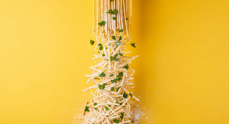 Spaghetti pasta with parsley on a yellow background, top viewの素材