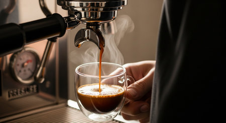 Barista making espresso in coffee shop, closeup. Professional coffee brewingの素材