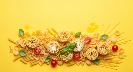Different types of pasta with tomatoes and basil on yellow background, top viewの素材