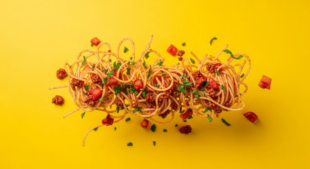 Spaghetti with tomato sauce and parmesan on a yellow backgroundの素材