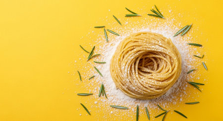 Raw pasta with rosemary and flour on yellow background, top viewの素材