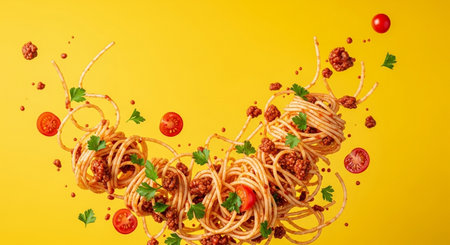 Spaghetti bolognese with tomato sauce and parsley on yellow backgroundの素材