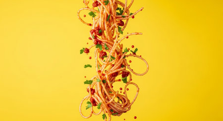 Spaghetti with tomato sauce and parsley on a yellow background.の素材